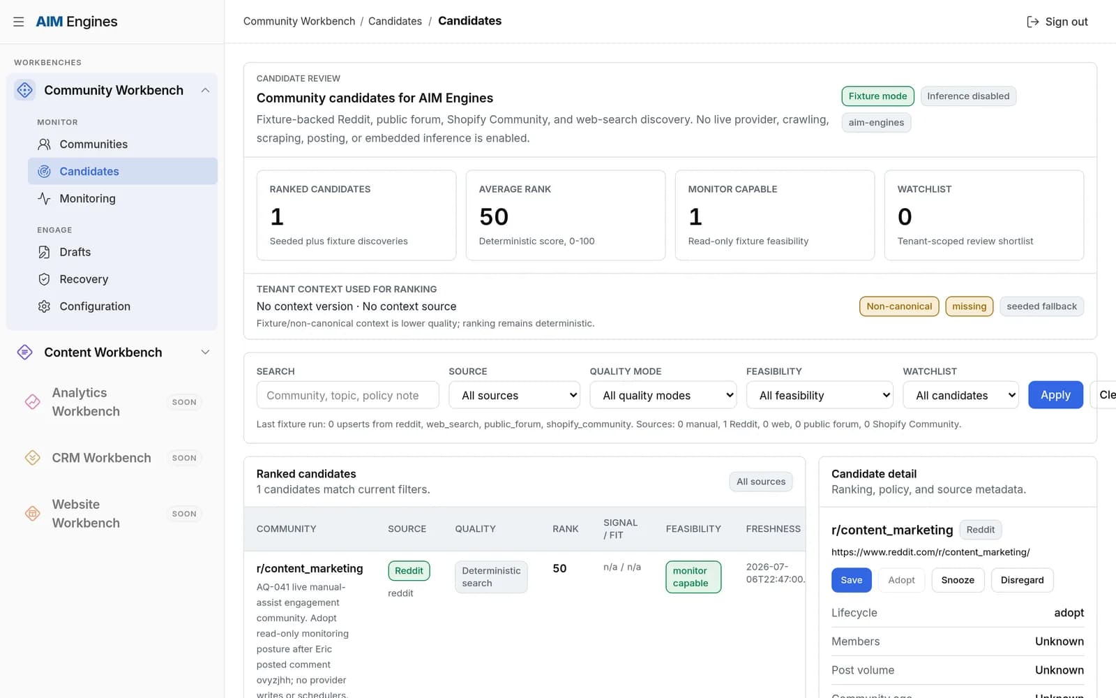Community Workbench — tenant admin with configured and candidate communities