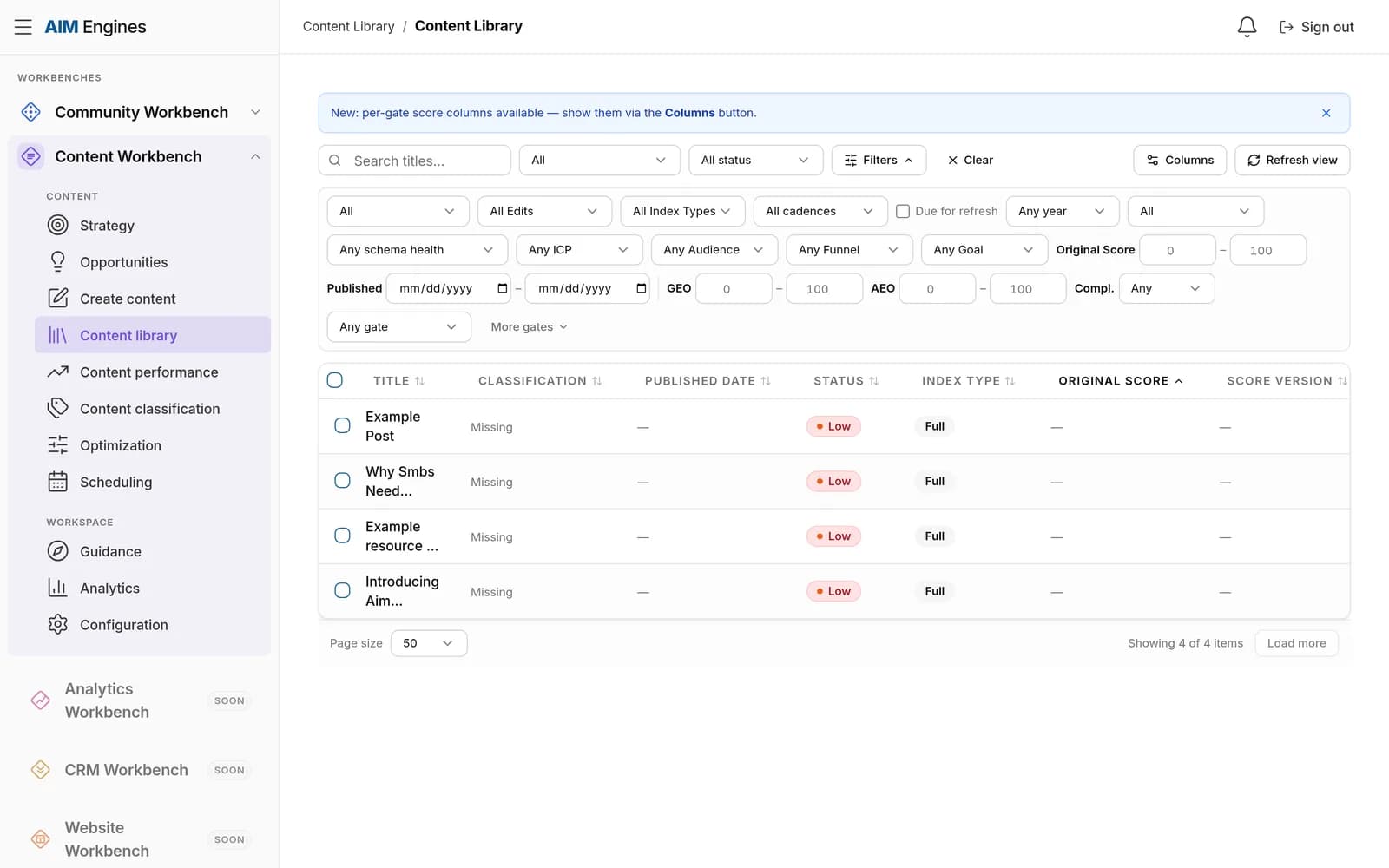 Content Workbench — Content Library with quality scoring