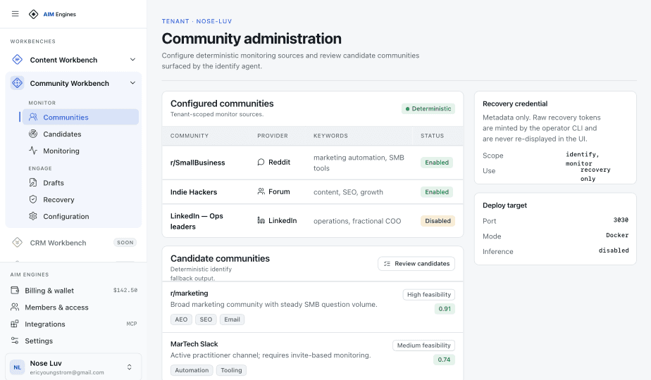 Community Workbench — tenant admin with configured and candidate communities